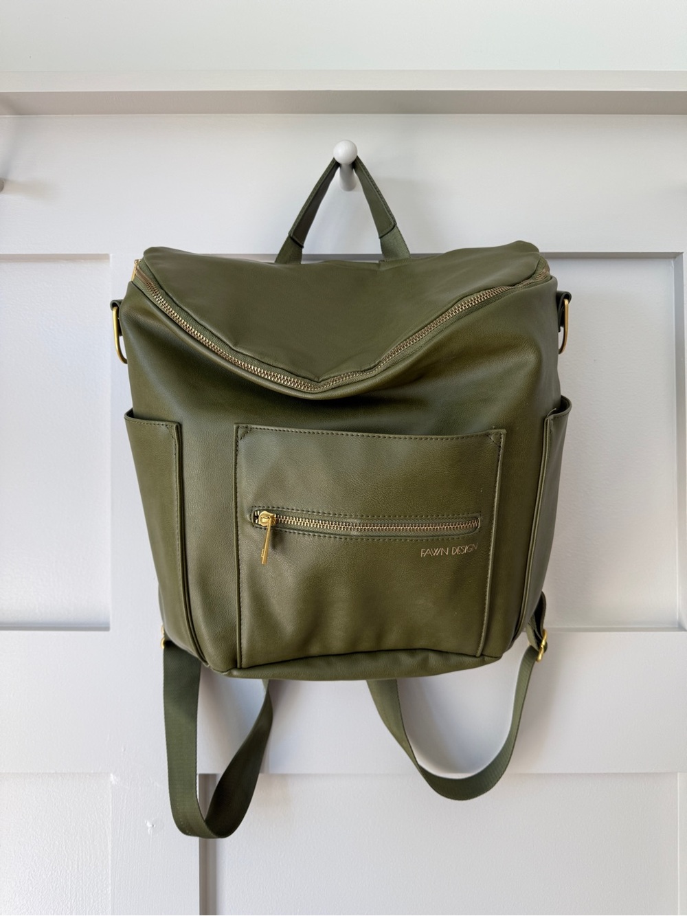 Fawn Design Olive Green Leather Baby Bag Backpack